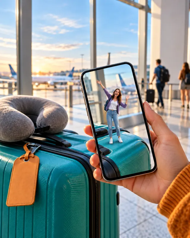 AR concept: a hand holds a phone over a teal suitcase at an airport window; on the screen, a tiny woman with a backpack waves.