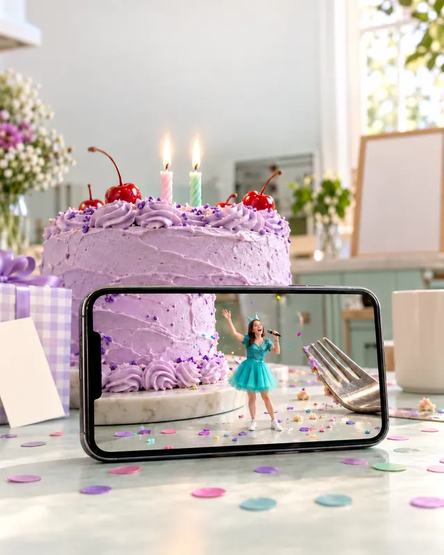 AR concept: a phone lies in front of a lavender birthday cake with candles; on the screen, a tiny singer in a turquoise dress performs beside the cake.