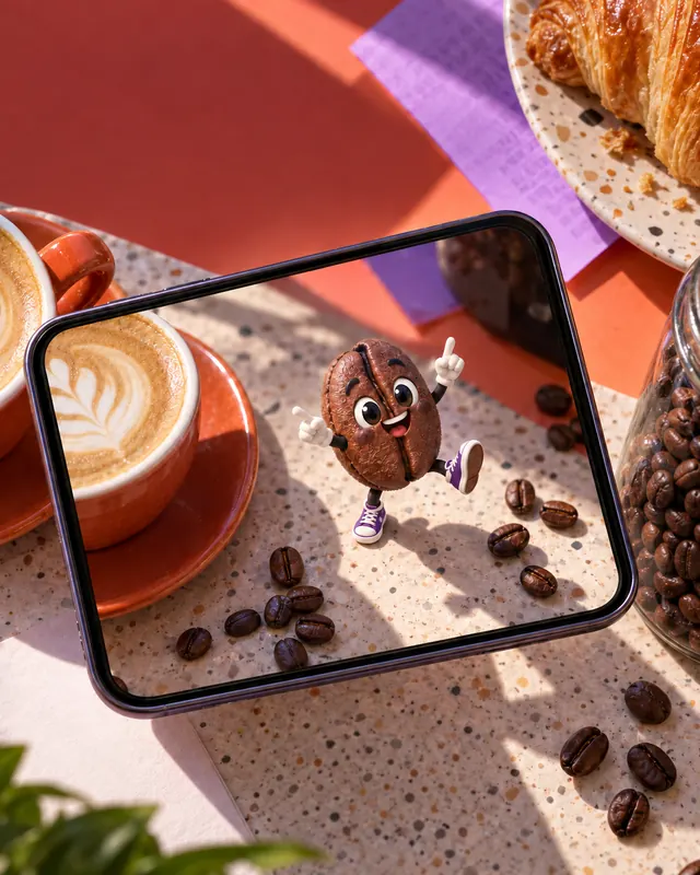 AR concept: a phone lies on a cafe table beside a latte and a croissant; on the screen, a cheerful coffee-bean mascot dances among coffee beans.