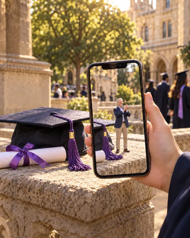 AR concept: a hand holds a phone over a graduation cap and a rolled diploma; on the screen, a tiny proud father applauds.