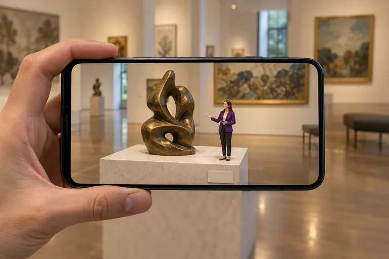 AR concept: a hand holds a phone in a museum gallery; on the screen, a tiny guide in a purple blazer presents a bronze sculpture on its plinth.