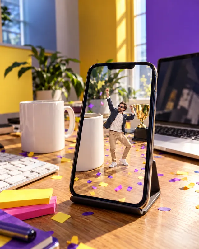 AR concept: a phone stands on a desk between a coffee mug and a laptop; on the screen, a tiny man in a blazer celebrates beside a gold trophy among confetti.
