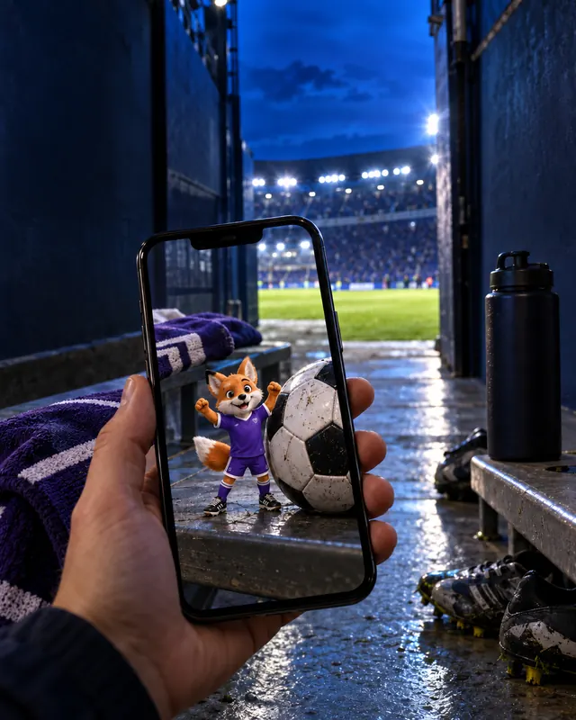 AR concept: a hand holds a phone in a stadium tunnel; on the screen, a tiny fox mascot in a purple kit cheers beside a football.