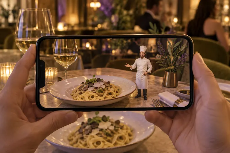 AR concept: a phone held over a restaurant table; on the screen, a tiny chef presents a plate of pasta.