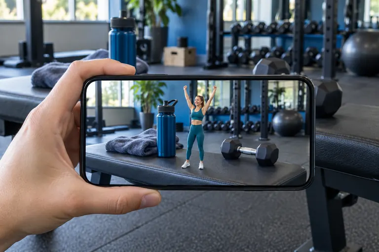 AR concept: a phone held over a gym bench; on the screen, a tiny fitness coach raises her arms in celebration beside a dumbbell.