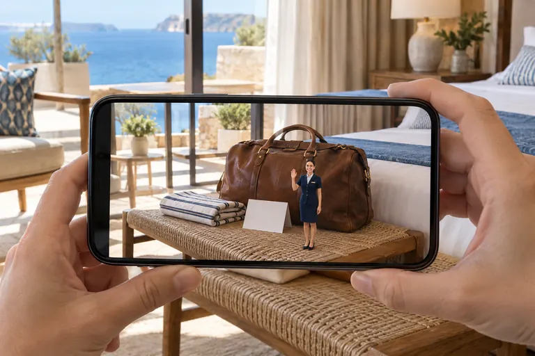 AR concept: a phone held over a bench in a seaside hotel room; on the screen, a tiny receptionist waves beside a leather bag and a welcome card.