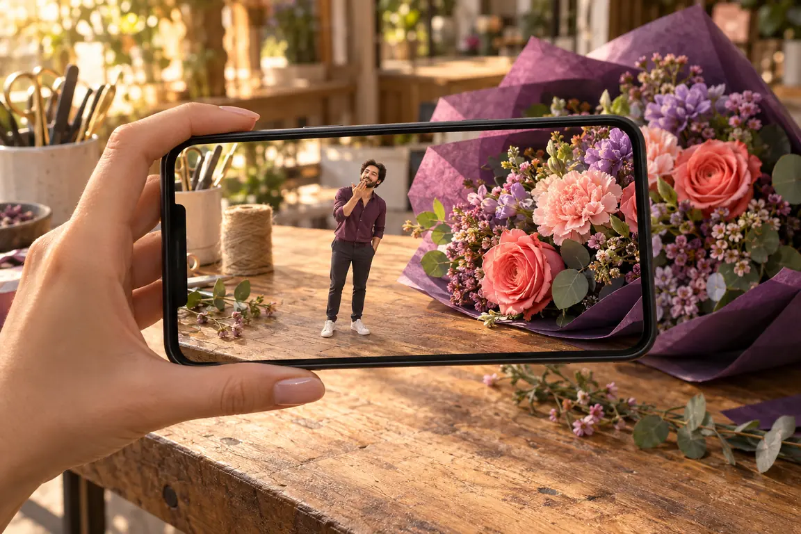 AR concept: a hand holds a phone over a florist's table; on the screen, a small man in a purple shirt blows a kiss beside a bouquet of roses.