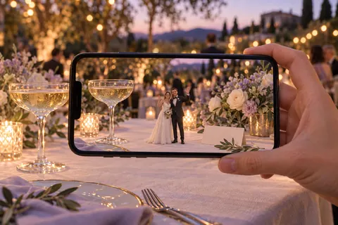 AR concept: a phone held over a wedding table at dusk; on the screen, a tiny bride and groom wave beside a place card.